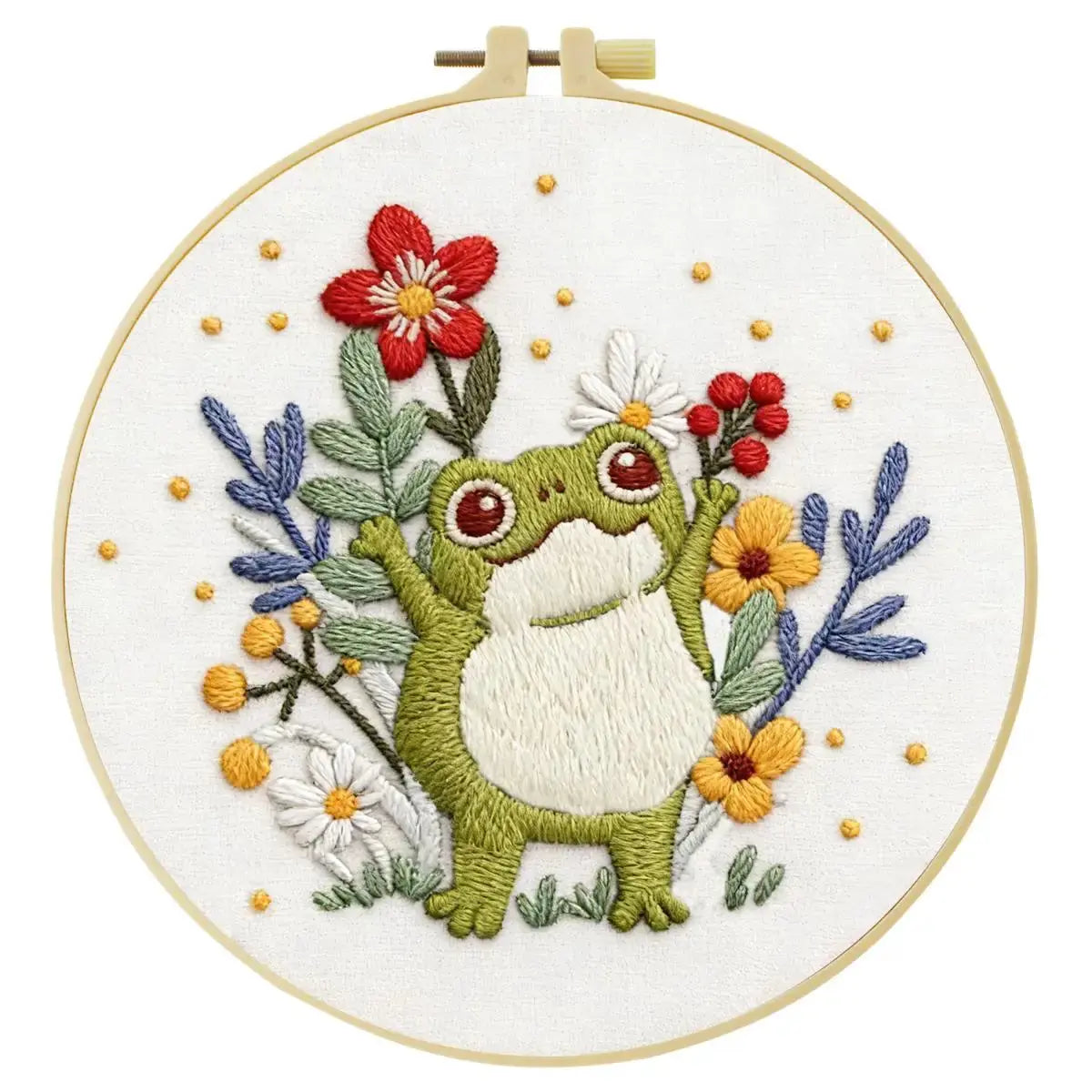 Cute Frog Embroidery Kit – Whimsical Floral Frog DIY Hand Embroidery Hoop Art Set Kits For Stitchers