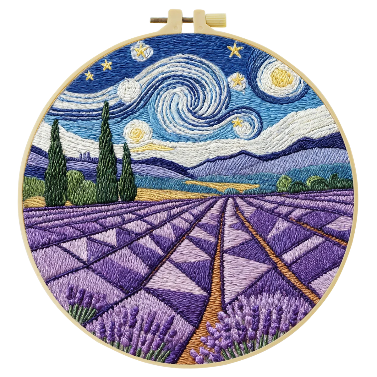Handmade Lavender Field Embroidery Hoop Wall Art – Starry Night Inspired Landscape Decor