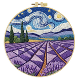 Handmade Lavender Field Embroidery Hoop Wall Art – Starry Night Inspired Landscape Decor