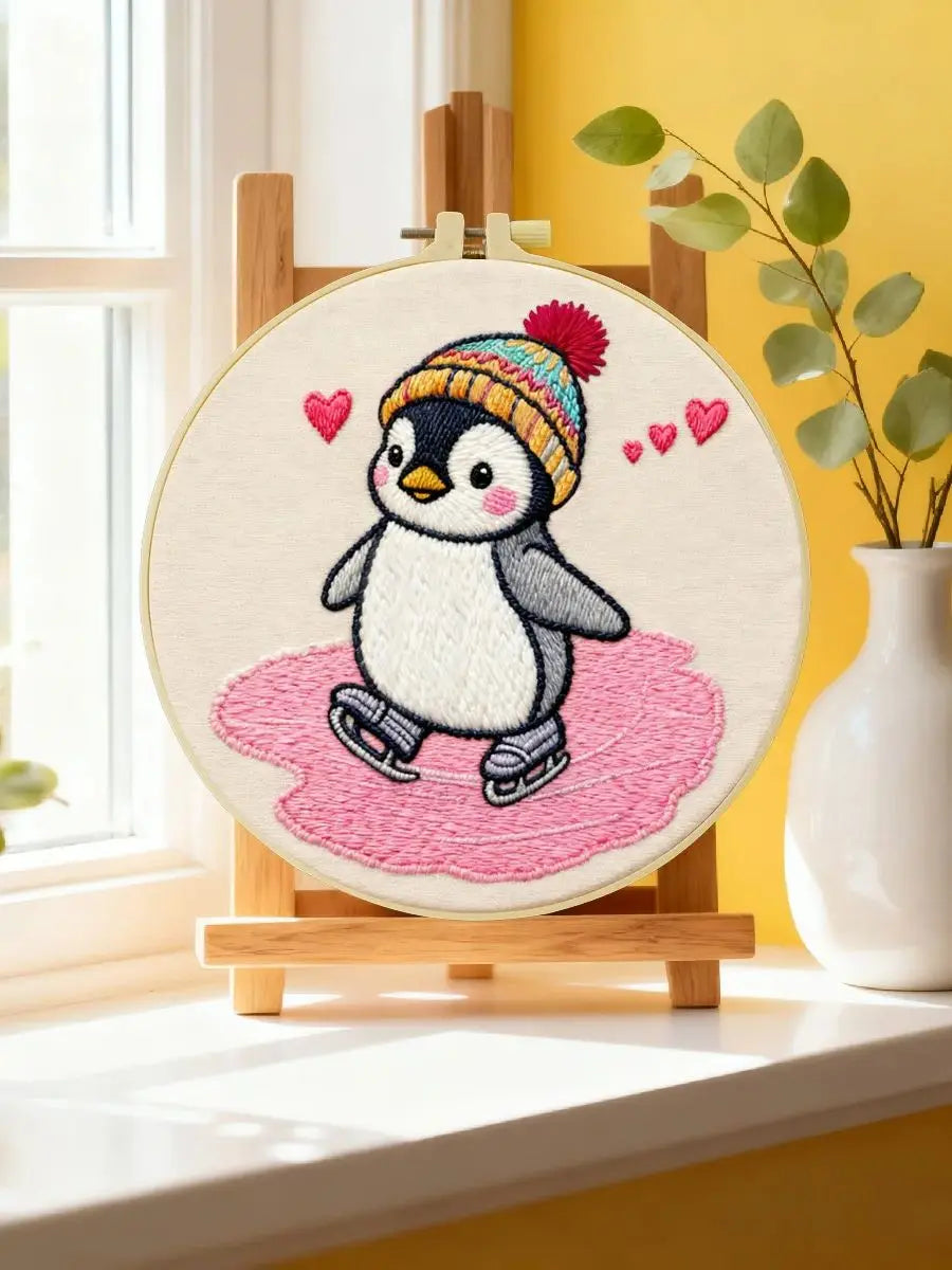 Cute Penguin Embroidery Starter Kit – DIY Cartoon Animal Sewing Art Set for Beginners