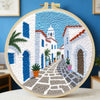 Mediterranean Greek Alley Embroidery Kit – Santorini Inspired Coastal Village DIY Needlepoint Hoop Art Travel Decor Craft Gift for Adults