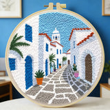 Mediterranean Greek Alley Embroidery Kit – Santorini Inspired Coastal Village DIY Needlepoint Hoop Art Travel Decor Craft Gift for Adults