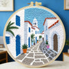 Mediterranean Greek Alley Embroidery Kit – Santorini Inspired Coastal Village DIY Needlepoint Hoop Art Travel Decor Craft Gift for Adults Kits For Stitchers
