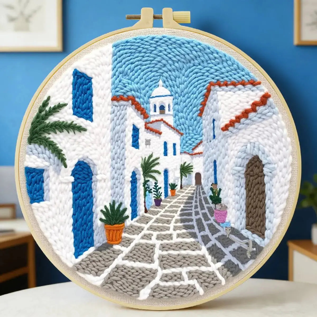 Mediterranean Greek Alley Embroidery Kit – Santorini Inspired Coastal Village DIY Needlepoint Hoop Art Travel Decor Craft Gift for Adults Kits For Stitchers