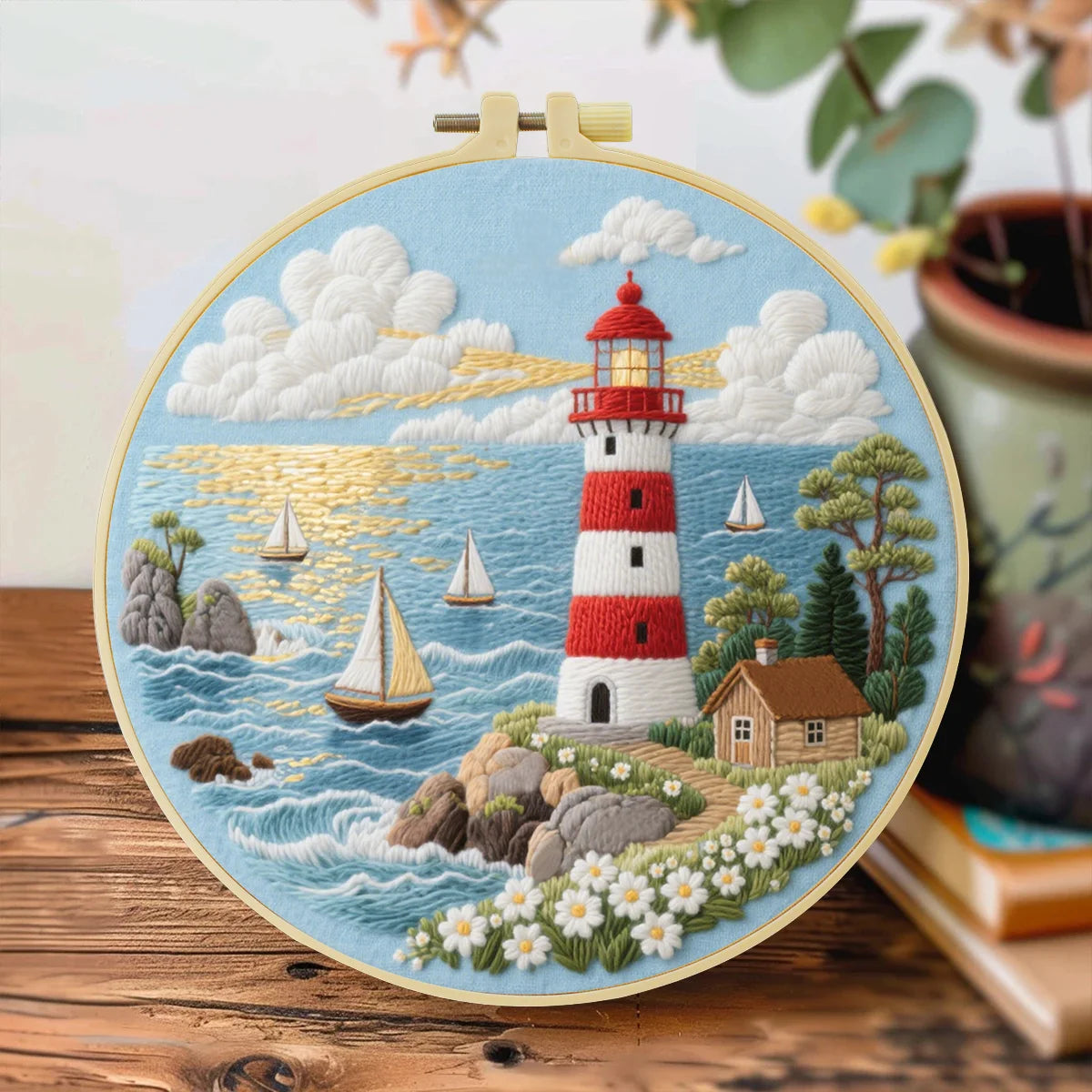 Coastal Lighthouse Embroidery Kit – Nautical Ocean Seascape DIY Needlepoint Hoop Art Beach House Decor Craft Gift for Adults