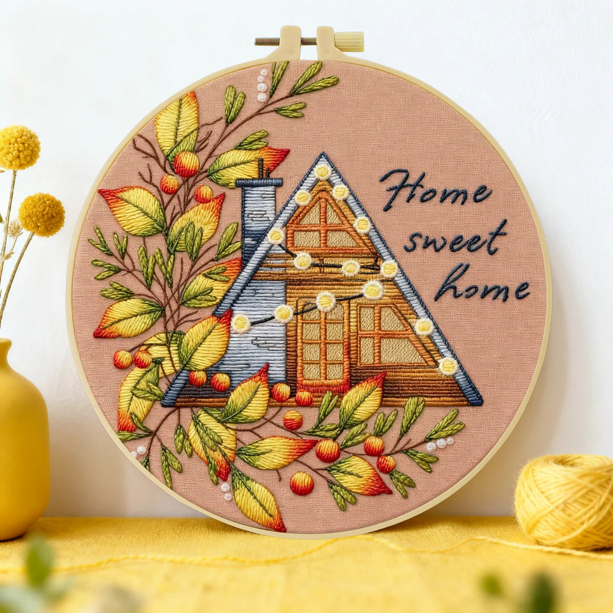Home Sweet Home Embroidery DIY Kit – Cozy Cottage Beginner Stitching Kit with Hoop, Pattern & Threads