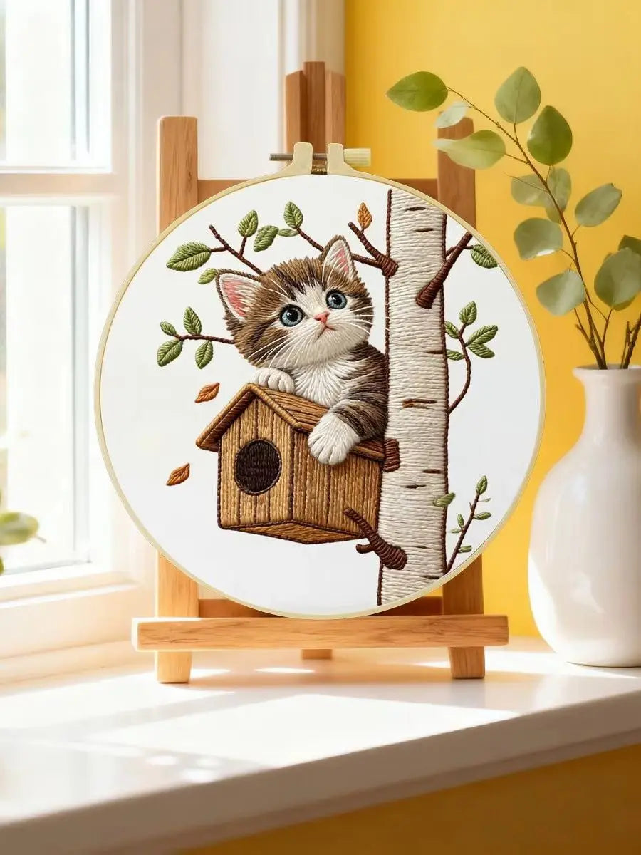 Cute Kitten Embroidery Kit for Beginners – DIY Cat Hand Embroidery Hoop Set