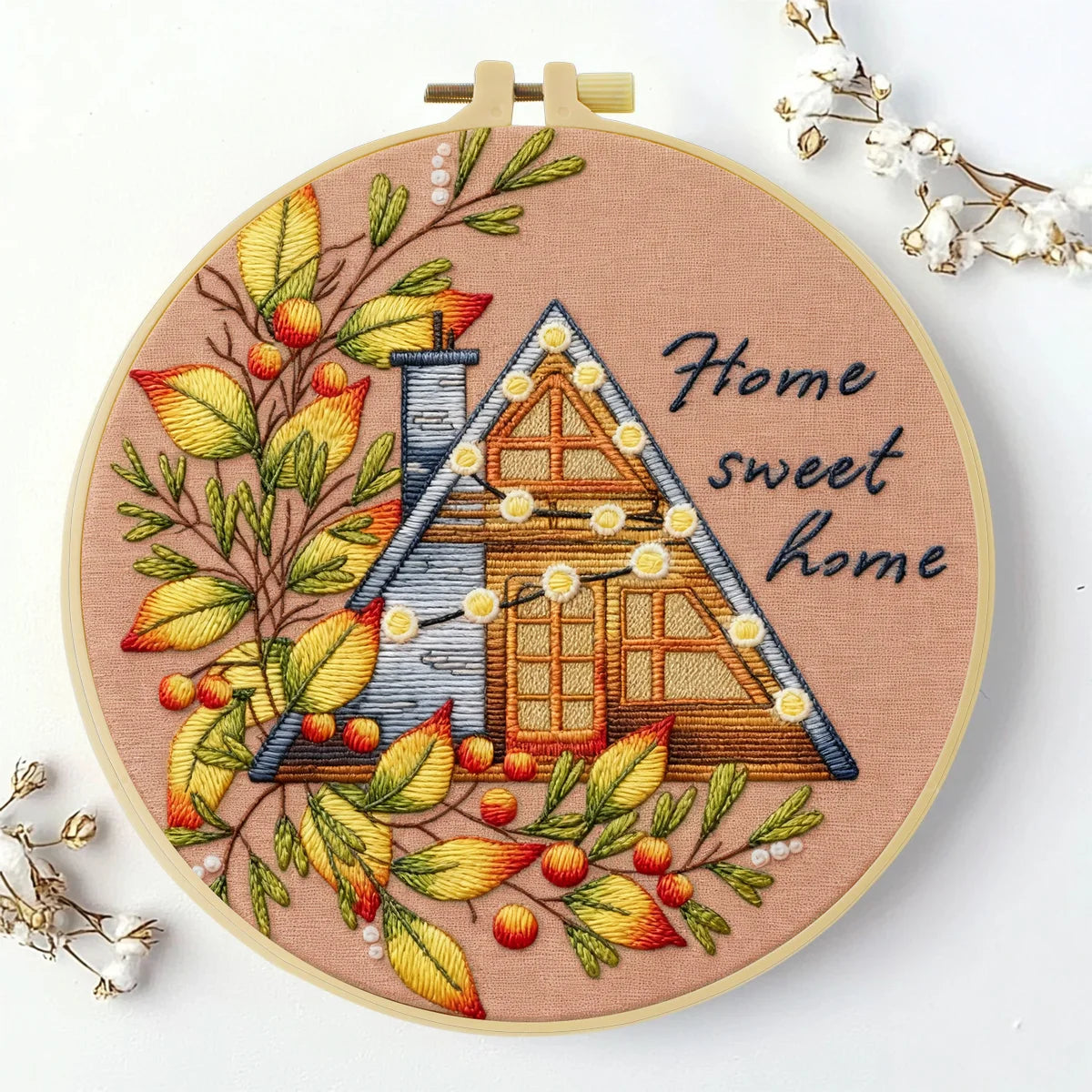 Home Sweet Home Embroidery DIY Kit – Cozy Cottage Beginner Stitching Kit with Hoop, Pattern & Threads