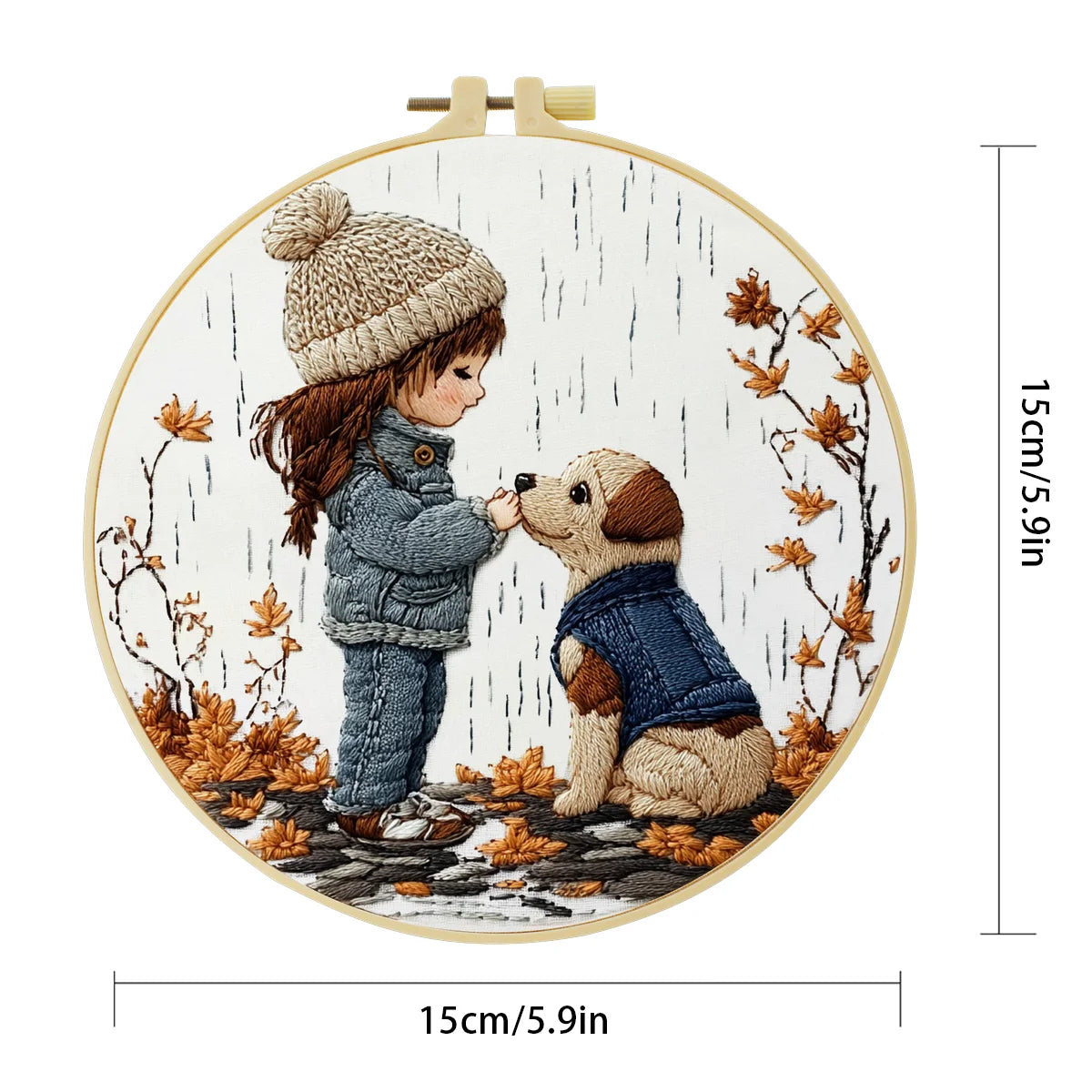 Little Girl & Puppy Embroidery Kit – Cozy Autumn Friendship Needlepoint Pattern for Dog Lovers and Whimsical Home Decor