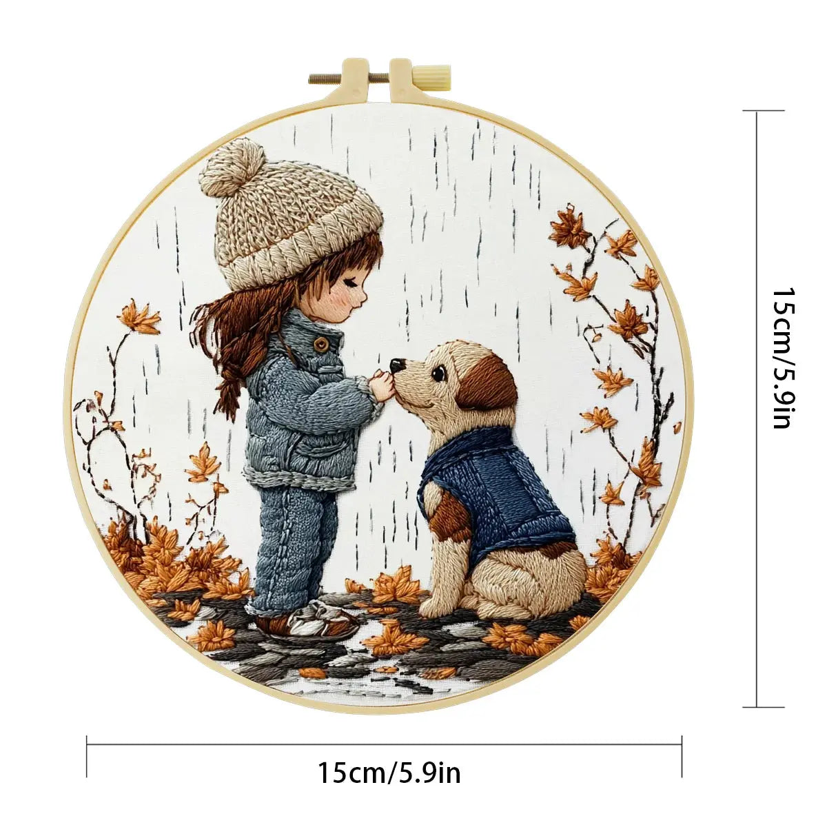 Little Girl & Puppy Embroidery Kit – Cozy Autumn Friendship Needlepoint Pattern for Dog Lovers and Whimsical Home Decor Kits For Stitchers