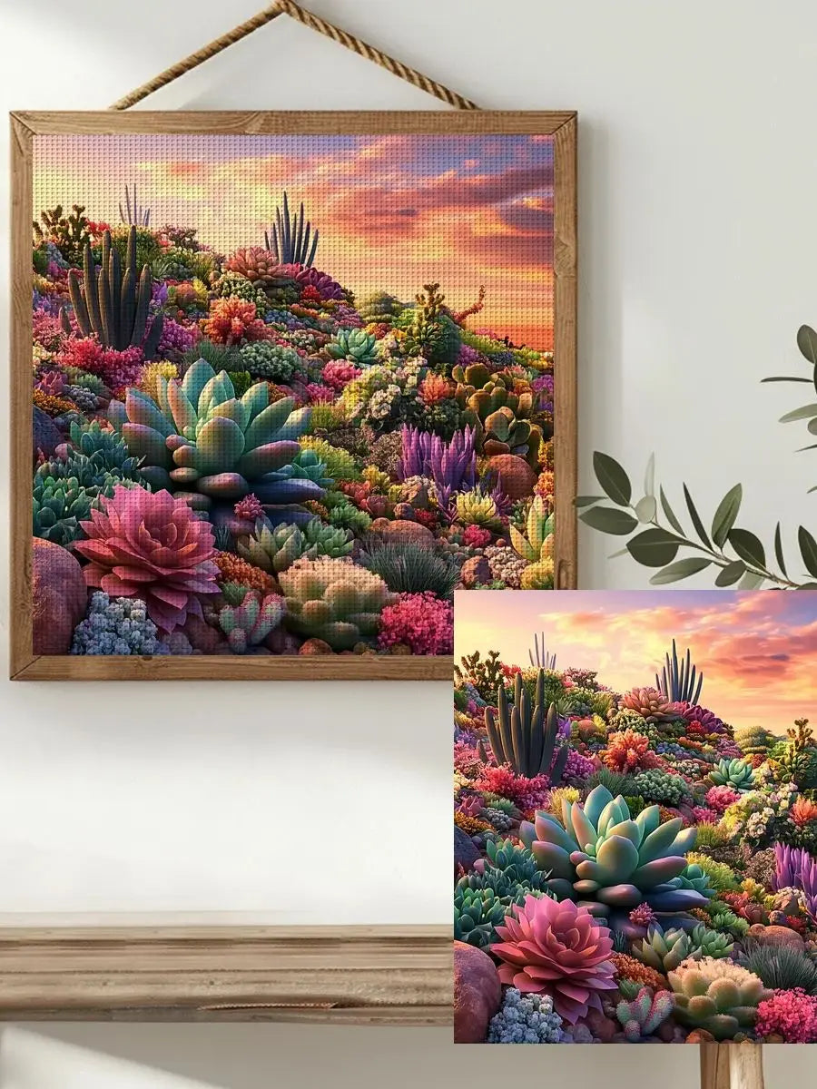 Vibrant Desert Succulent Garden Cross Stitch Kit 🌵🌸🌅✨