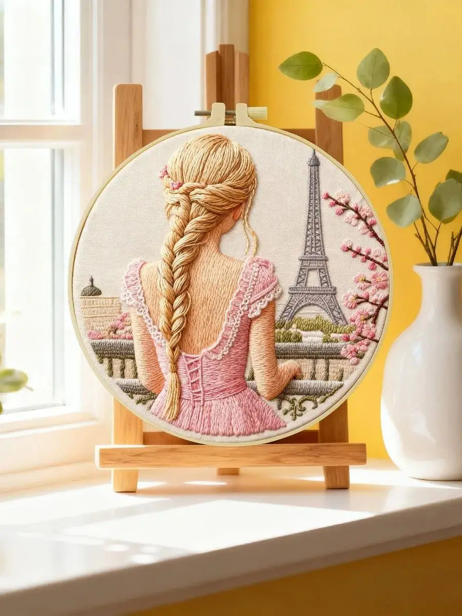 Paris Eiffel Tower Embroidery Kit for Adults – Romantic French Girl DIY Needlepoint Hoop Art Parisian Decor Craft Gift for Her
