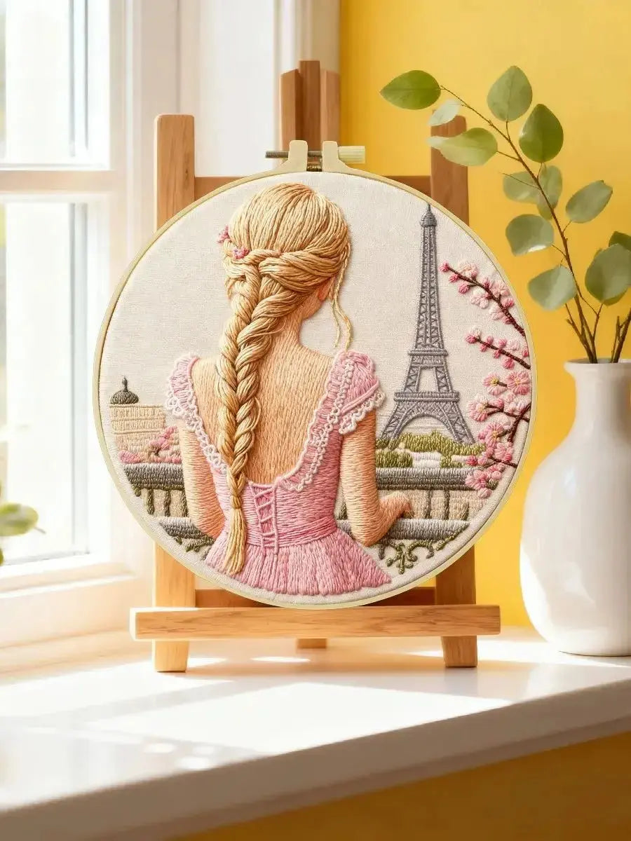 Paris Eiffel Tower Embroidery Kit for Adults – Romantic French Girl DIY Needlepoint Hoop Art Parisian Decor Craft Gift for Her Kits For Stitchers