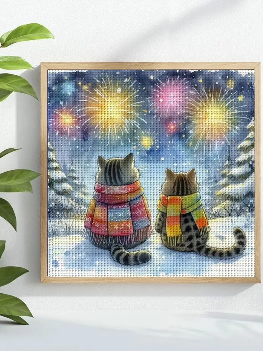Winter Fireworks Cat Companions Cross Stitch Kit 🐱❄️🎆