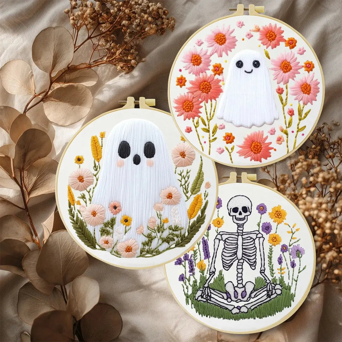 Floral Ghosts & Skeleton Embroidery Kit โ 3 Designs Kits For Stitchers
