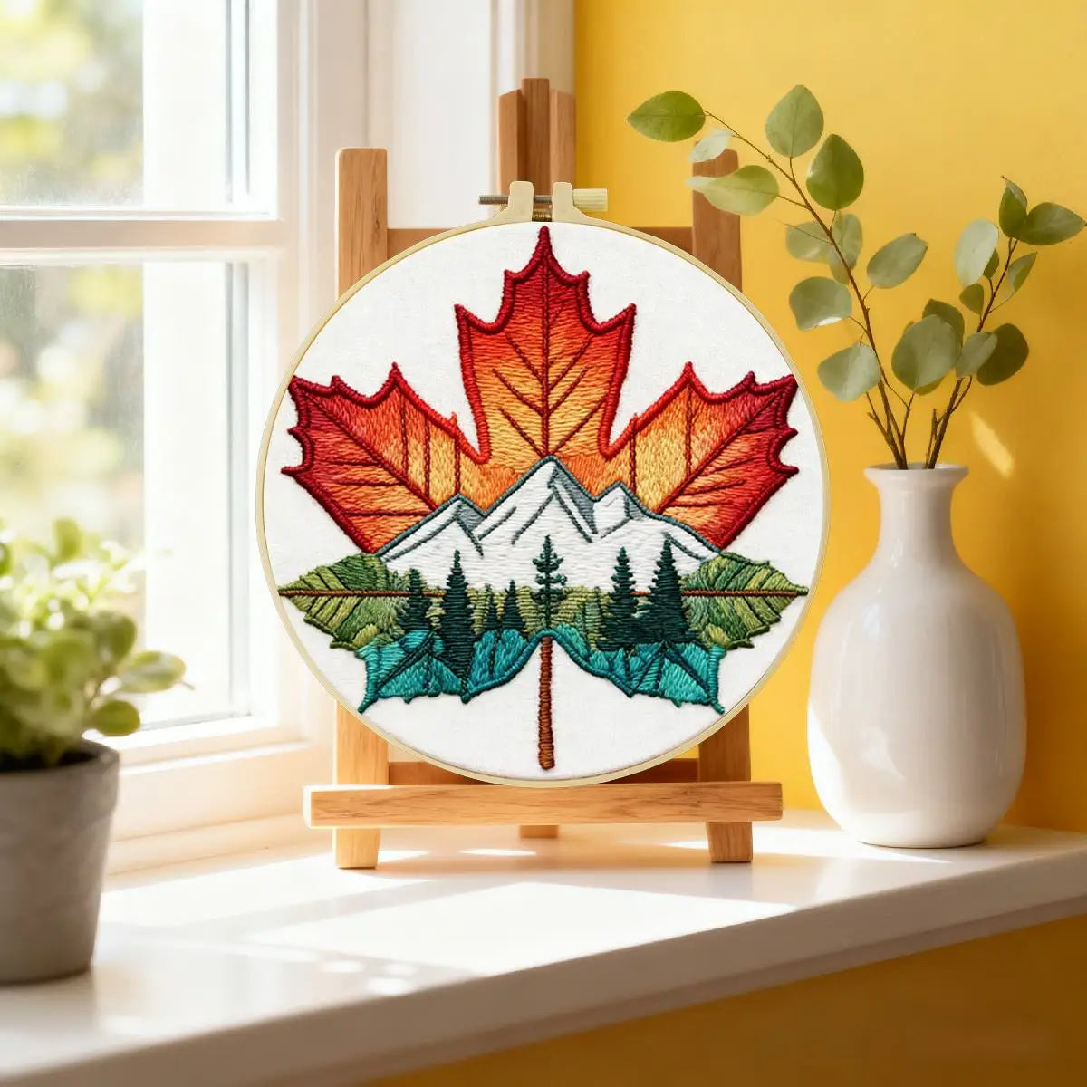 Maple Leaf Mountain Embroidery Kit – Nature Landscape DIY Hand Embroidery Hoop Art Set