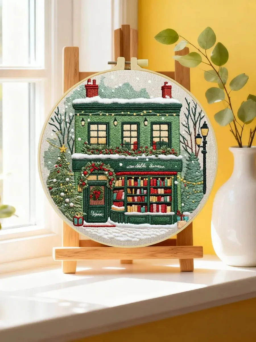 Christmas Bookstore Embroidery Kit – DIY Winter Holiday Village Sewing Craft Set, Festive Snowy Shop Wall Art Decor
