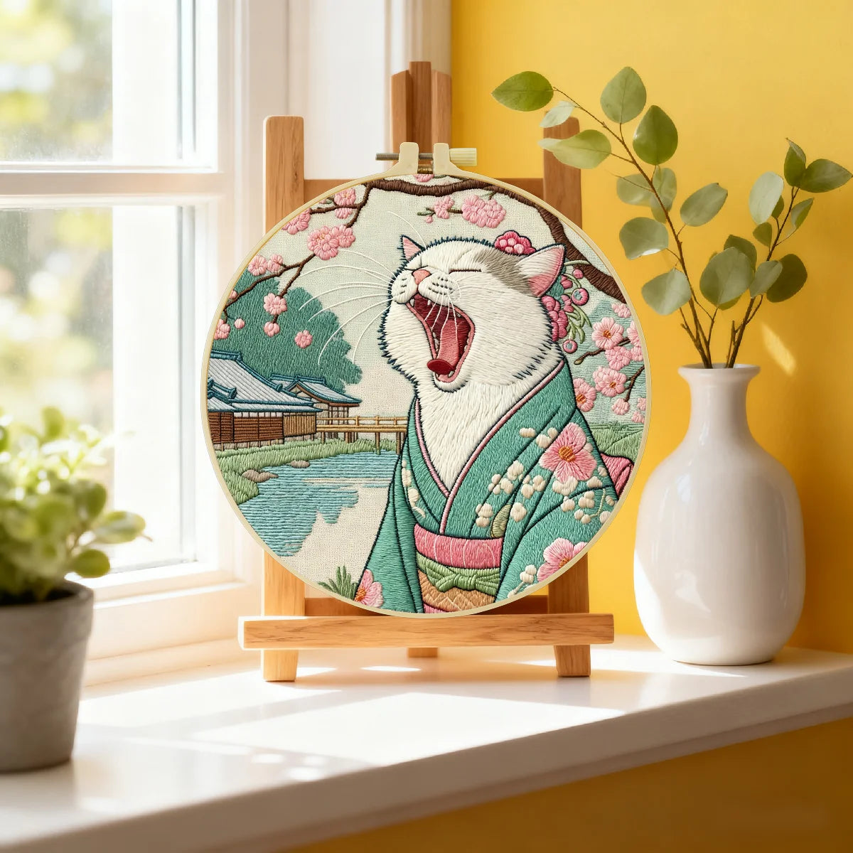 Japanese Kimono Cat Embroidery Kit – Cute Yawning Cat in Sakura Garden Needlepoint Pattern for Cat Lovers & Asian Decor