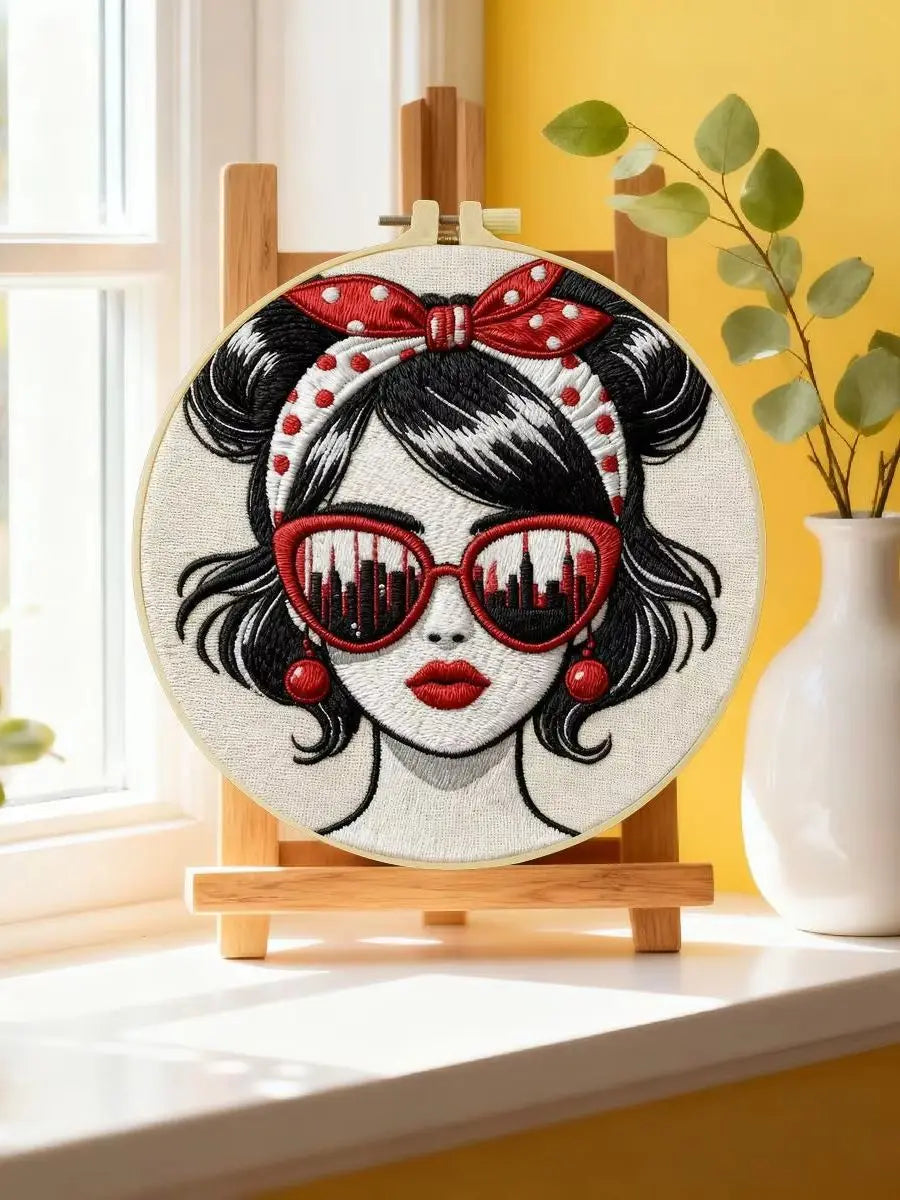 Retro Fashion Girl Embroidery Kit – DIY Modern Woman Hand Embroidery Hoop Art Set