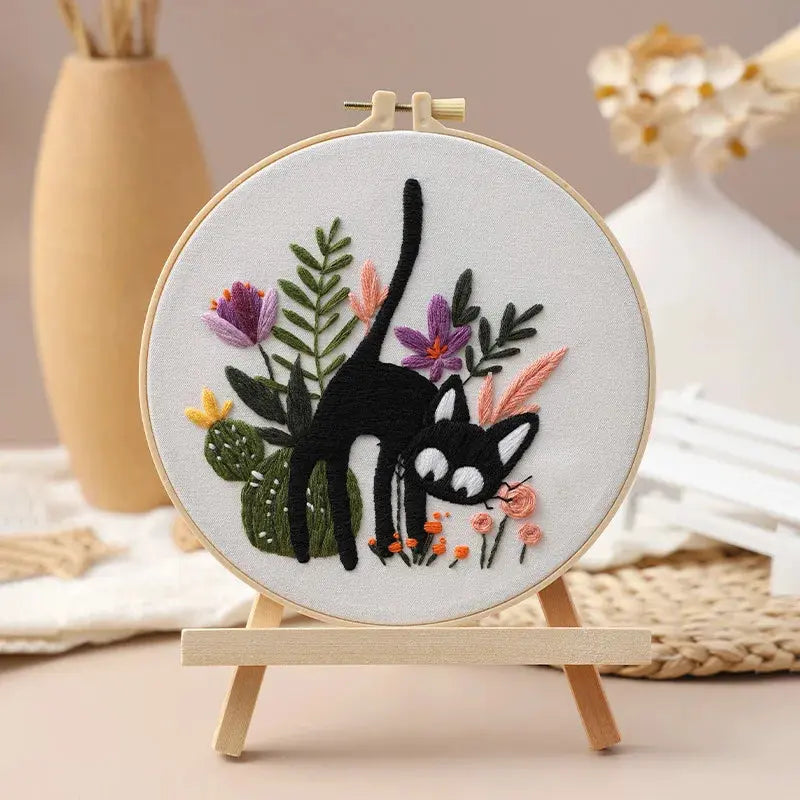 Cat & Floral Embroidery Kit The Stichers Heavane
