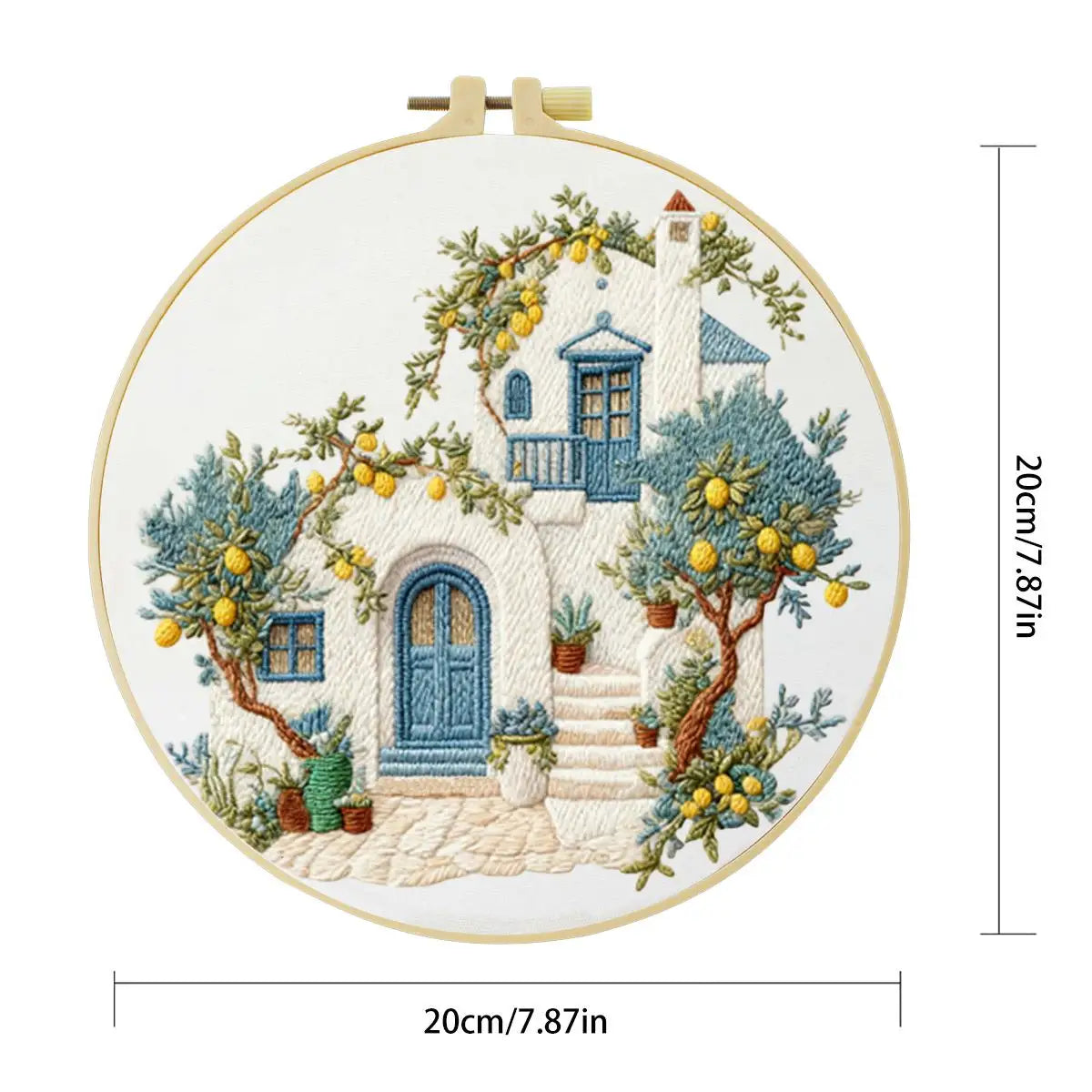 Mediterranean Lemon House Embroidery Kit – DIY Coastal Cottage Hoop Art for Beginners & Craft Lovers