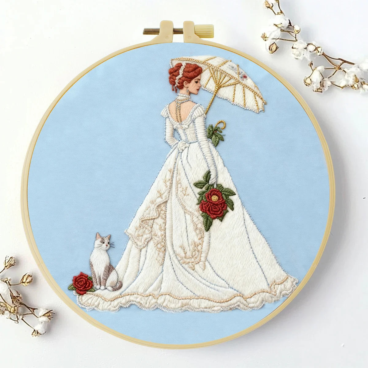 Victorian Lady Embroidery Kit – Elegant Woman with Parasol & Cat Needlepoint Pattern in Romantic Vintage Style