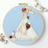 Victorian Lady Embroidery Kit – Elegant Woman with Parasol & Cat Needlepoint Pattern in Romantic Vintage Style