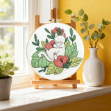 Sleeping White Cat Embroidery Kit for Beginners – DIY Floral Hand Embroidery Hoop Set
