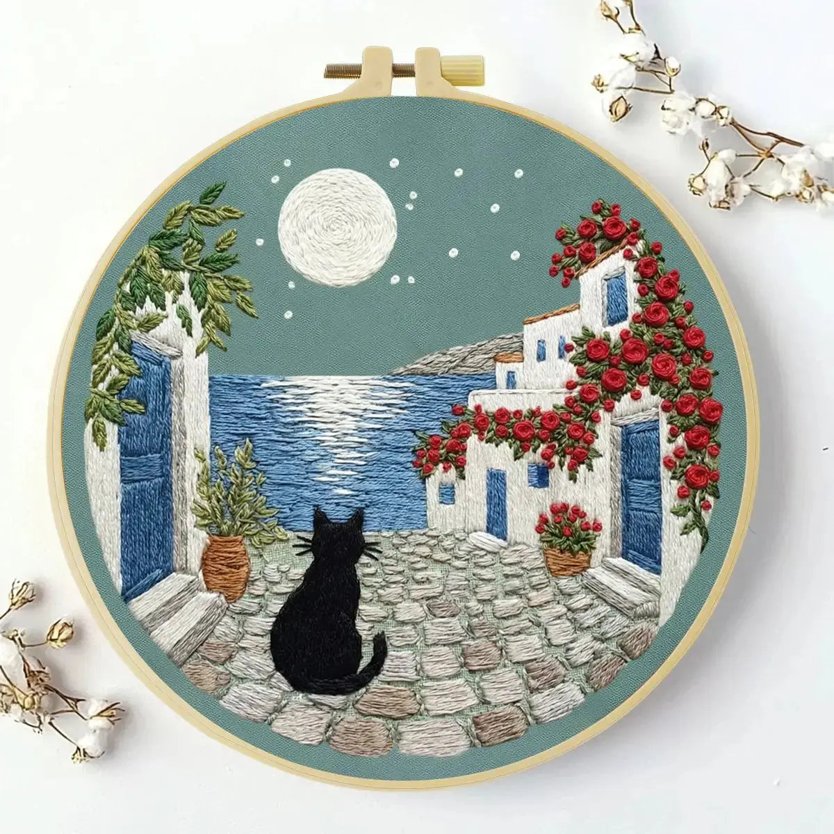 Moonlit Coastal Cat Embroidery Kit 🌙🐈� Kits For Stitchers