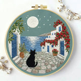 Moonlit Coastal Cat Embroidery Kit 🌙🐈� Kits For Stitchers