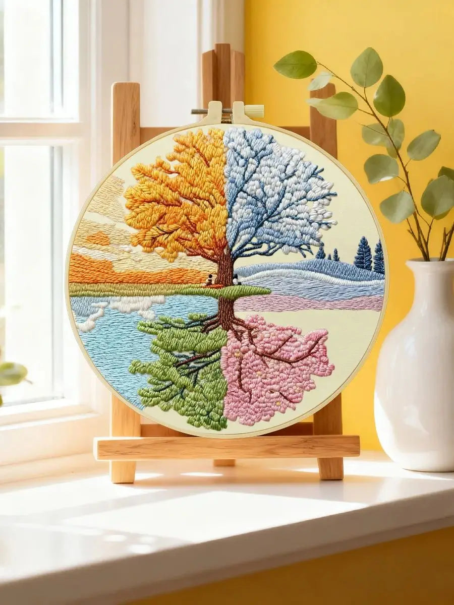 Four Seasons Tree Embroidery Kit – Spring Summer Autumn Winter Landscape DIY Hand Embroidery Hoop Art, Nature Wall Decor Craft K