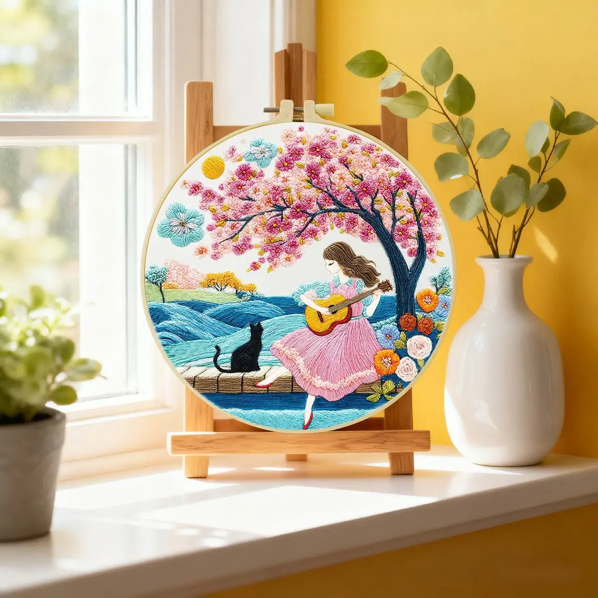 Girl Playing Guitar Embroidery Kit – Romantic Floral DIY Hand Embroidery Hoop Art Set