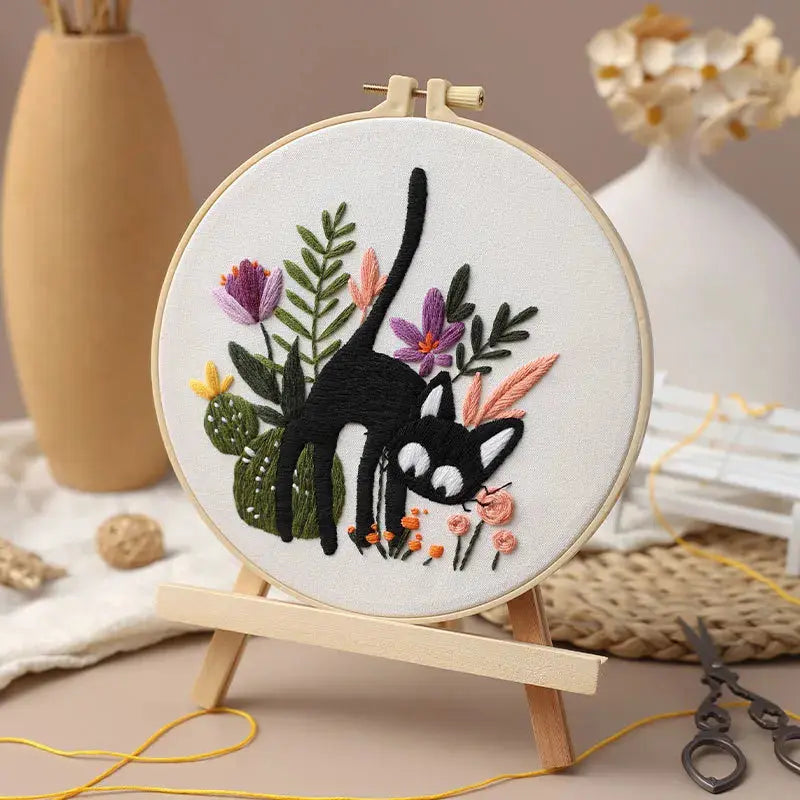 Cat & Floral Embroidery Kit The Stichers Heavane