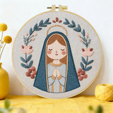 Cute Virgin Mary Embroidery Kit – Kawaii Catholic Needlepoint Pattern with Floral Religious Wall Art & Prayer Decor
