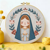 Cute Virgin Mary Embroidery Kit – Kawaii Catholic Needlepoint Pattern with Floral Religious Wall Art & Prayer Decor Kits For Stitchers