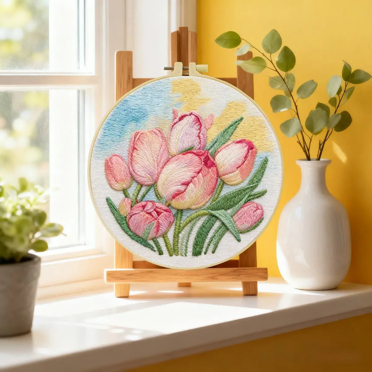 Pink Tulip Flower Embroidery Kit – DIY Floral Hoop Art for Beginners & Garden Lovers