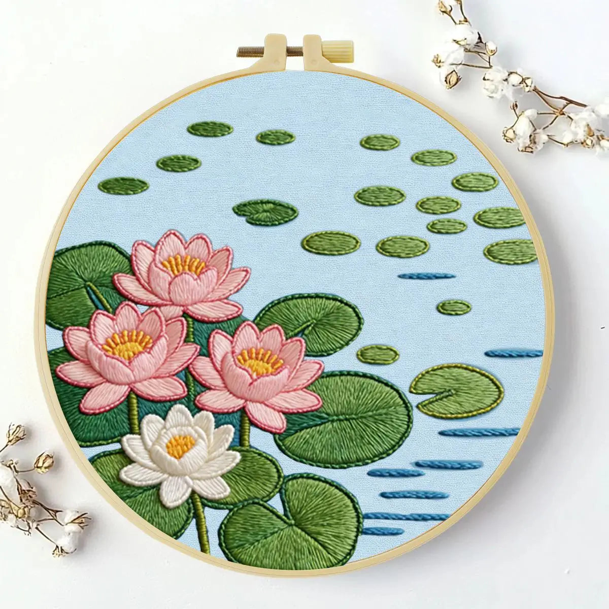 Lotus Flower Pond Punch Needle Wall Art – Handmade Embroidery Hoop Decor for Nursery & Cozy Rooms