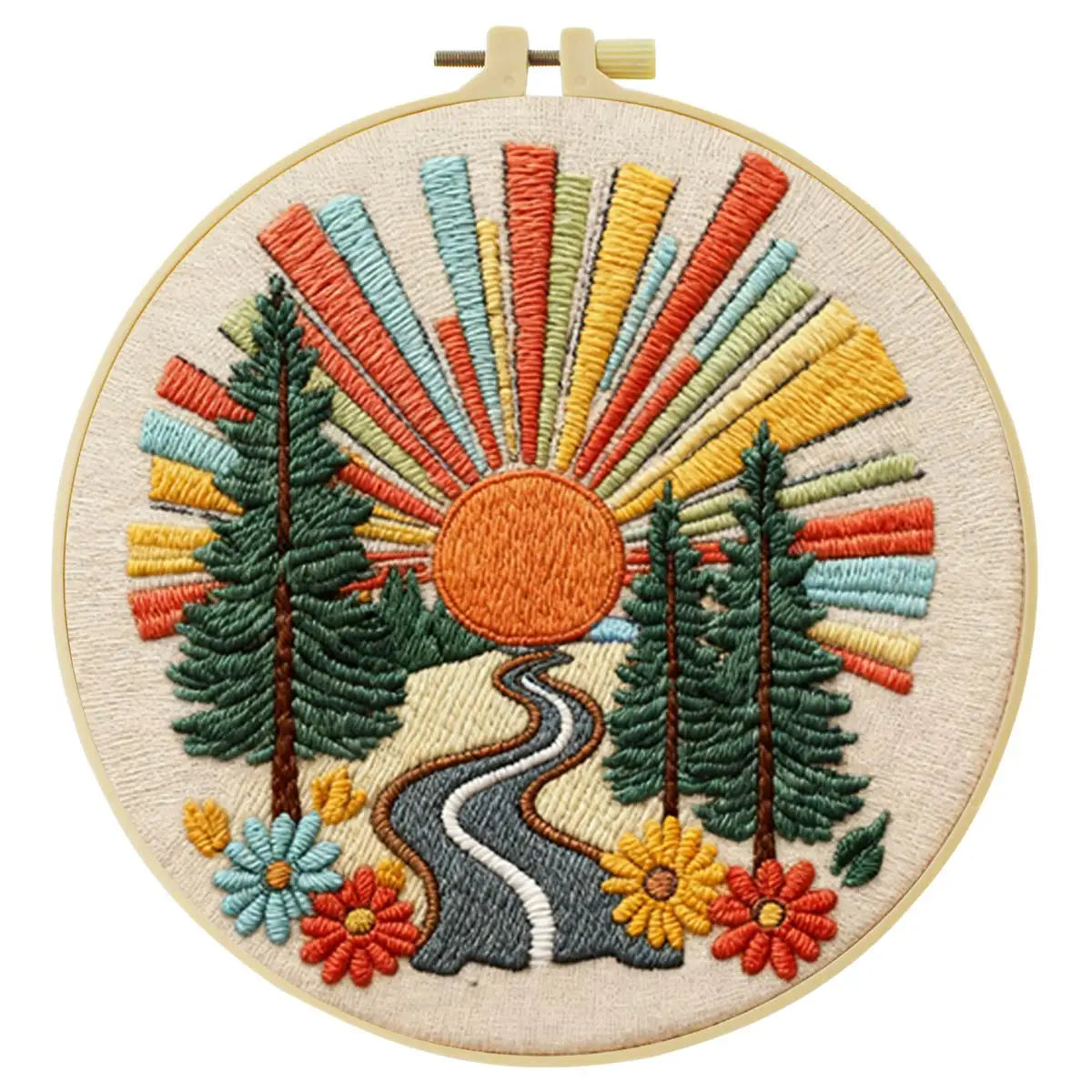 Retro Sunset Forest Embroidery Kit – Colorful Nature DIY Hand Embroidery Hoop Art Set