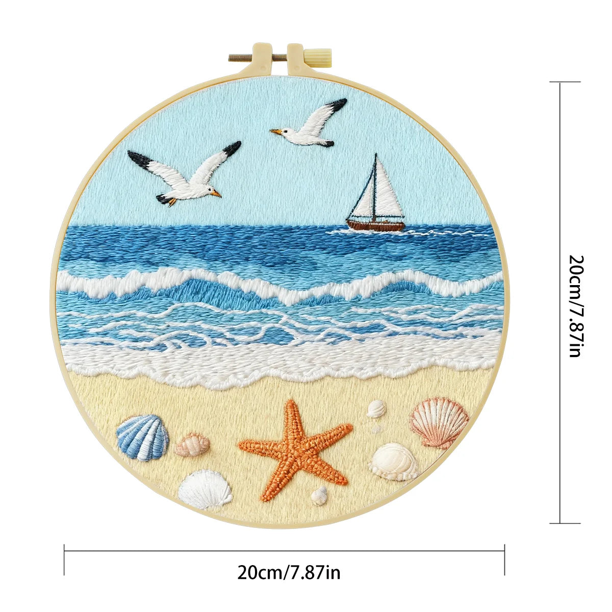 Coastal Beach Embroidery Kit – Ocean Waves, Seagulls & Seashells DIY Needlepoint Hoop Art Nautical Seaside Decor Craft Gift for Adults