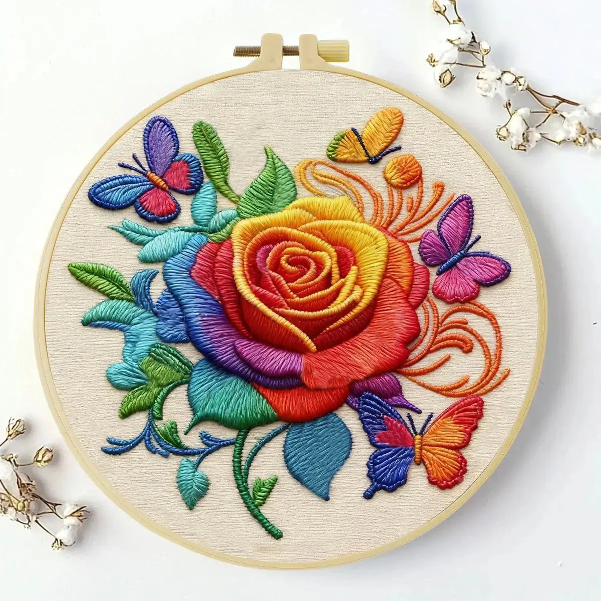 Rainbow Rose & Butterflies Embroidery Kit Kits For Stitchers