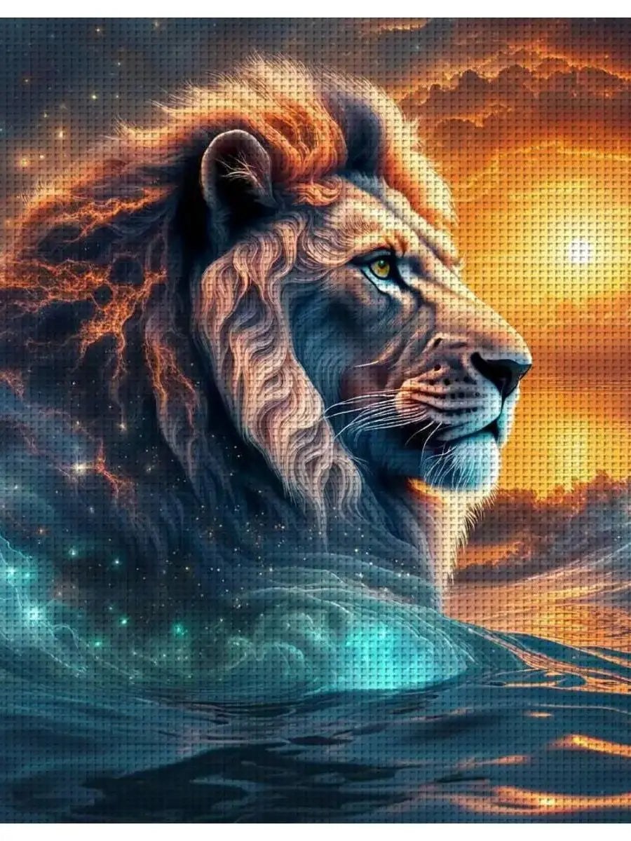 Celestial Storm Lion Cross Stitch Kit 🦁⚡🌌🔥✨