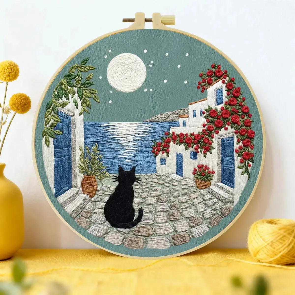 Moonlit Coastal Cat Embroidery Kit 🌙🐈� Kits For Stitchers