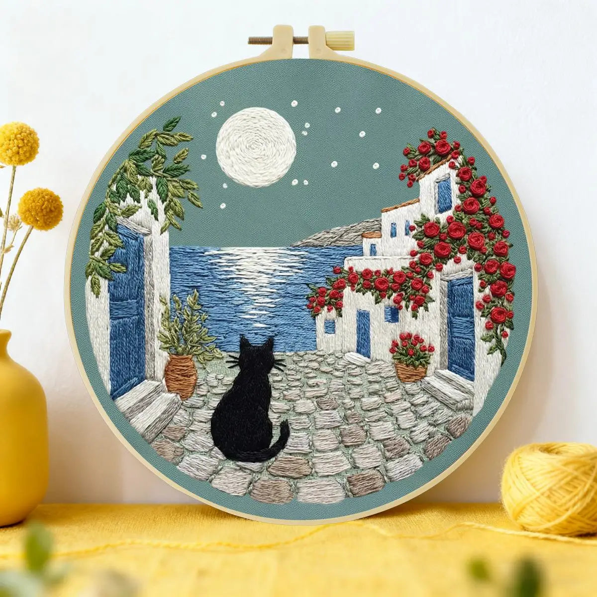 Moonlit Coastal Cat Embroidery Kit 🌙🐈� Kits For Stitchers