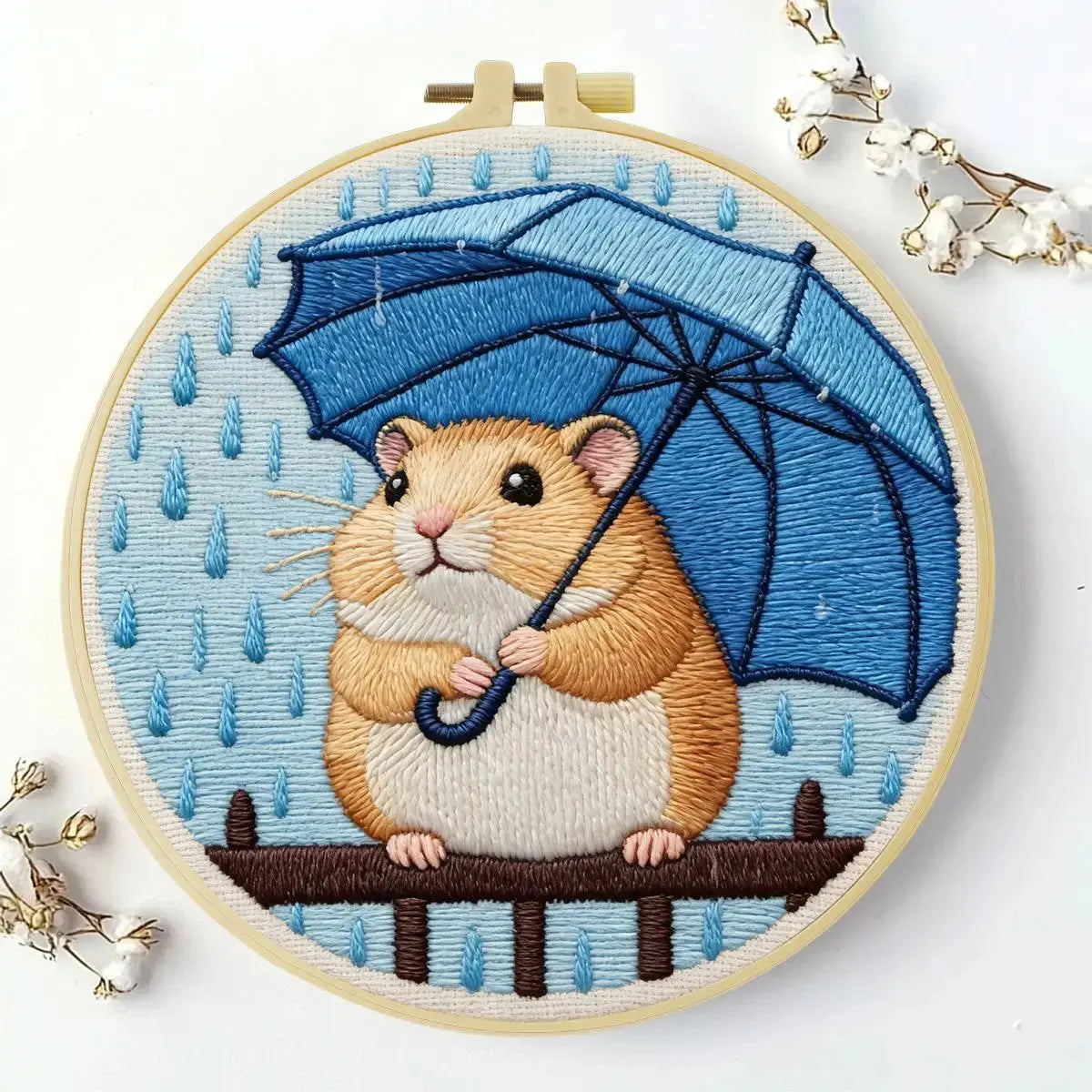 Rainy Day Hamster Embroidery Kit – Cute Umbrella Hamster DIY Hand Embroidery Set ☔🐹💙 Kits For Stitchers