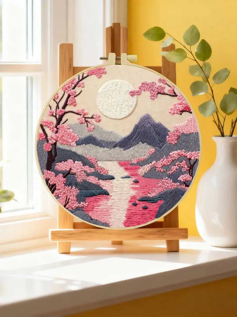 Handmade Cherry Blossom Landscape Embroidery Hoop Wall Art – Serene Mountain River Decor