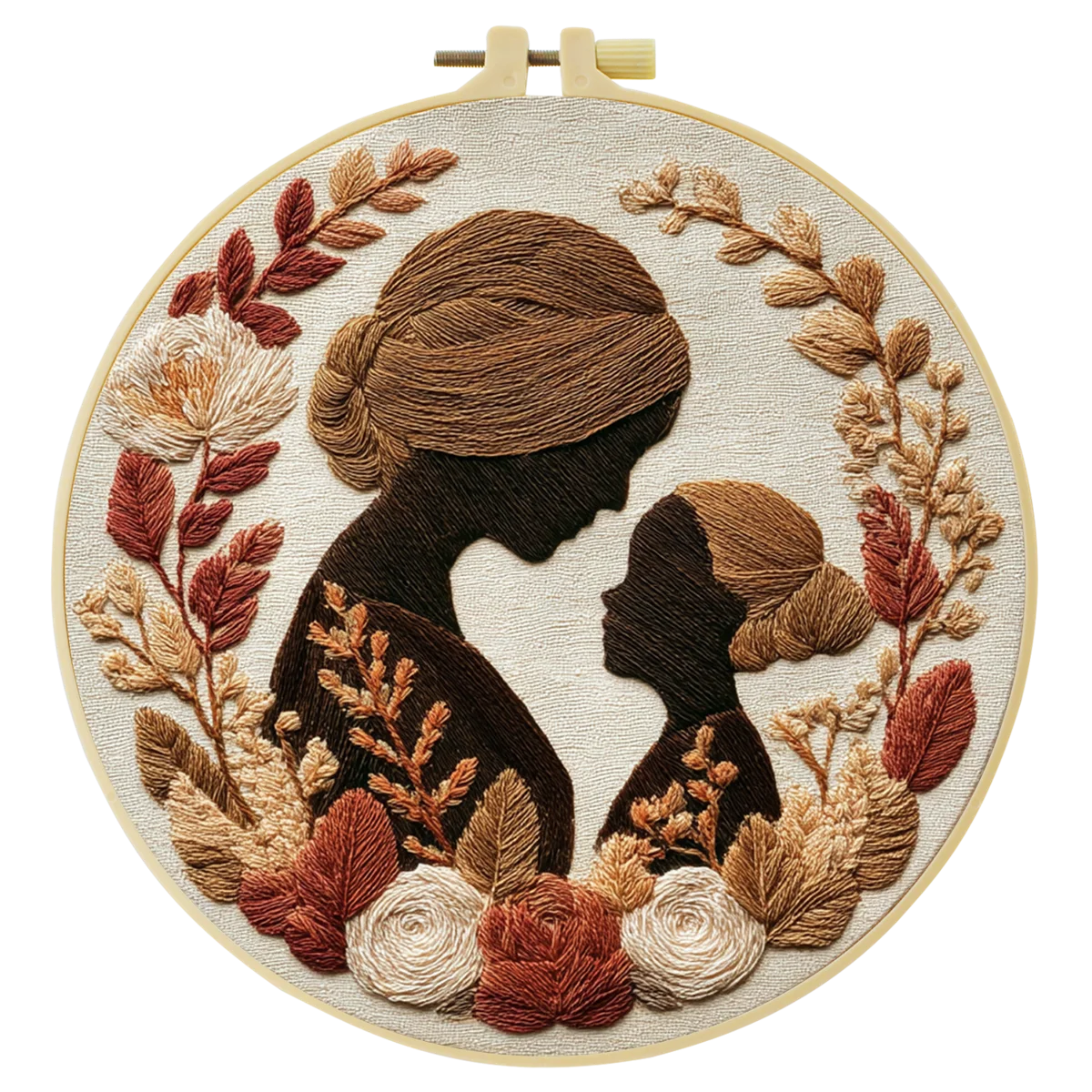 Mother & Daughter Silhouette Embroidery Kit – Elegant Floral Family Needlepoint Pattern with Warm Neutral Earth Tones