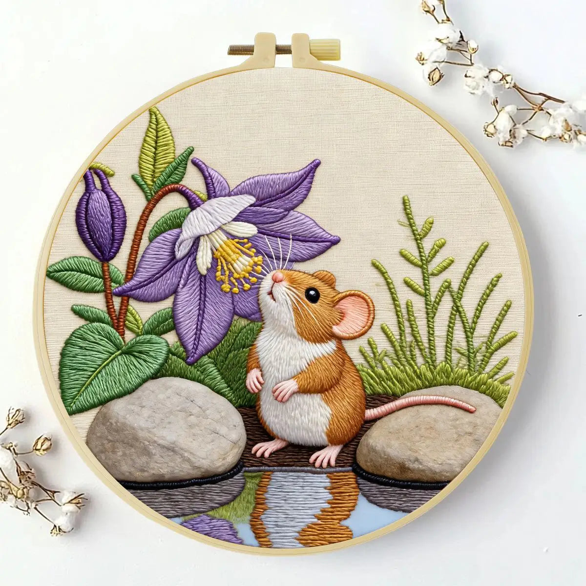 Cute Mouse Embroidery Kit – Woodland Mouse & Purple Flower Needlepoint Pattern for Nature Lovers and Cozy DIY Decor