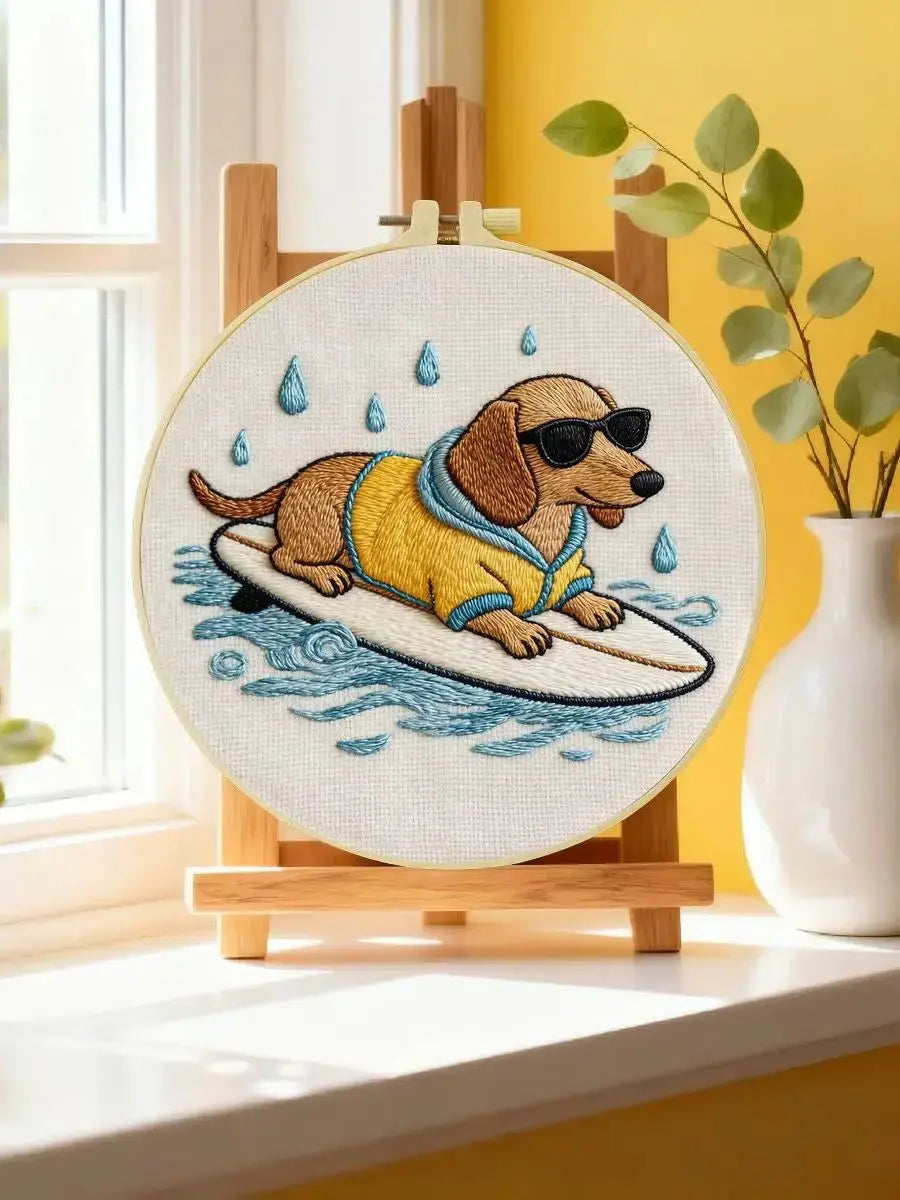 Surfing Dachshund Embroidery Kit Kits For Stitchers