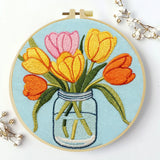 Handmade Tulip Bouquet Embroidery Hoop Wall Art – Colorful Floral Mason Jar Decor