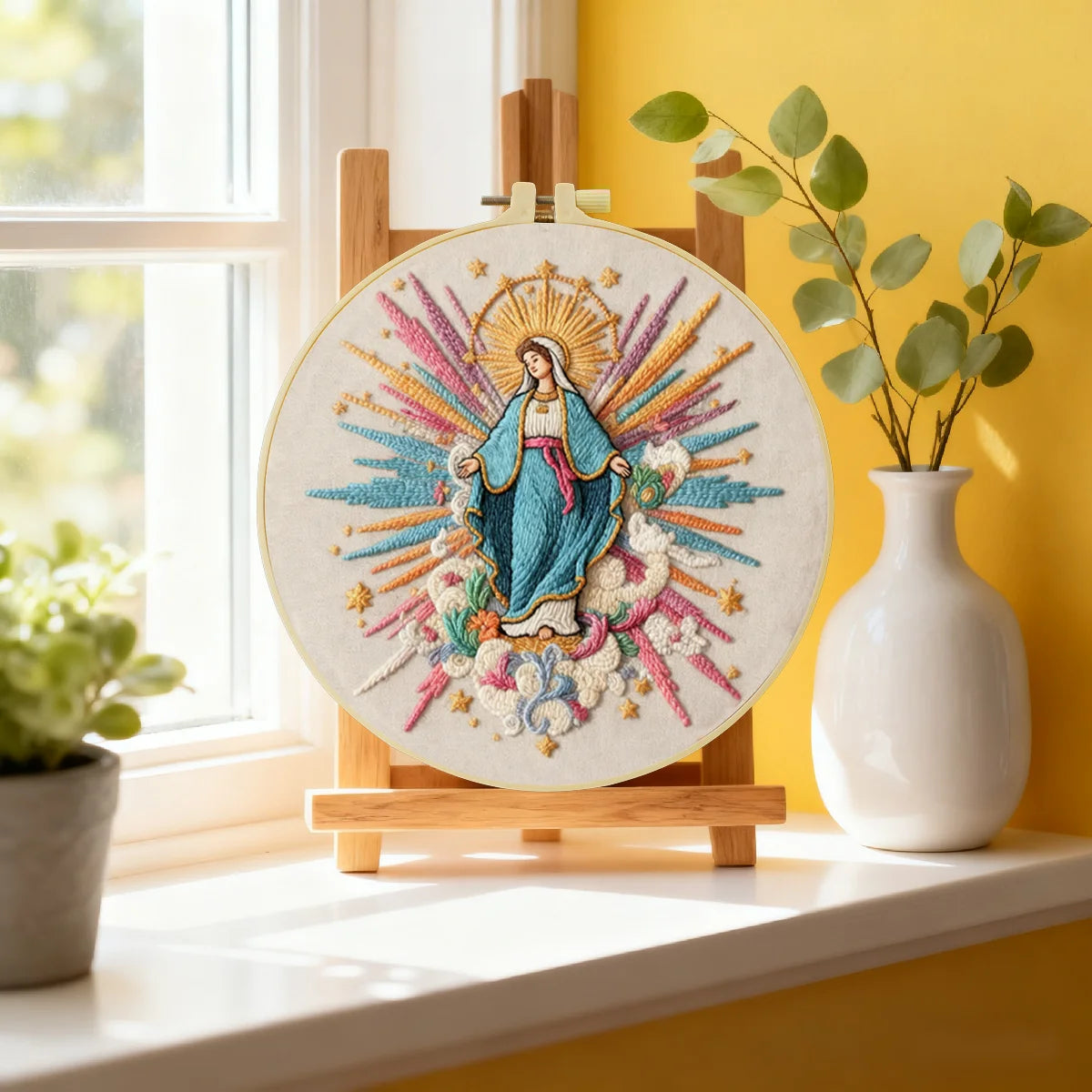 Virgin Mary Embroidery Kit – Colorful Catholic Needlepoint Pattern with Heavenly Rays & Religious Christian Wall Art Decor
